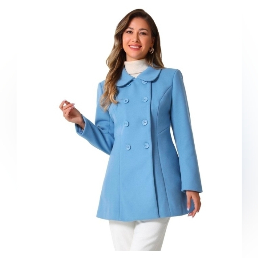 Allegra K Women's XS Peter Pan Collar Double Breasted Trench Pea Coat Blue